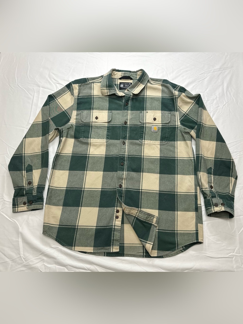 Carhartt Loose Fit Green and Cream Plaid Button-Down Shirt